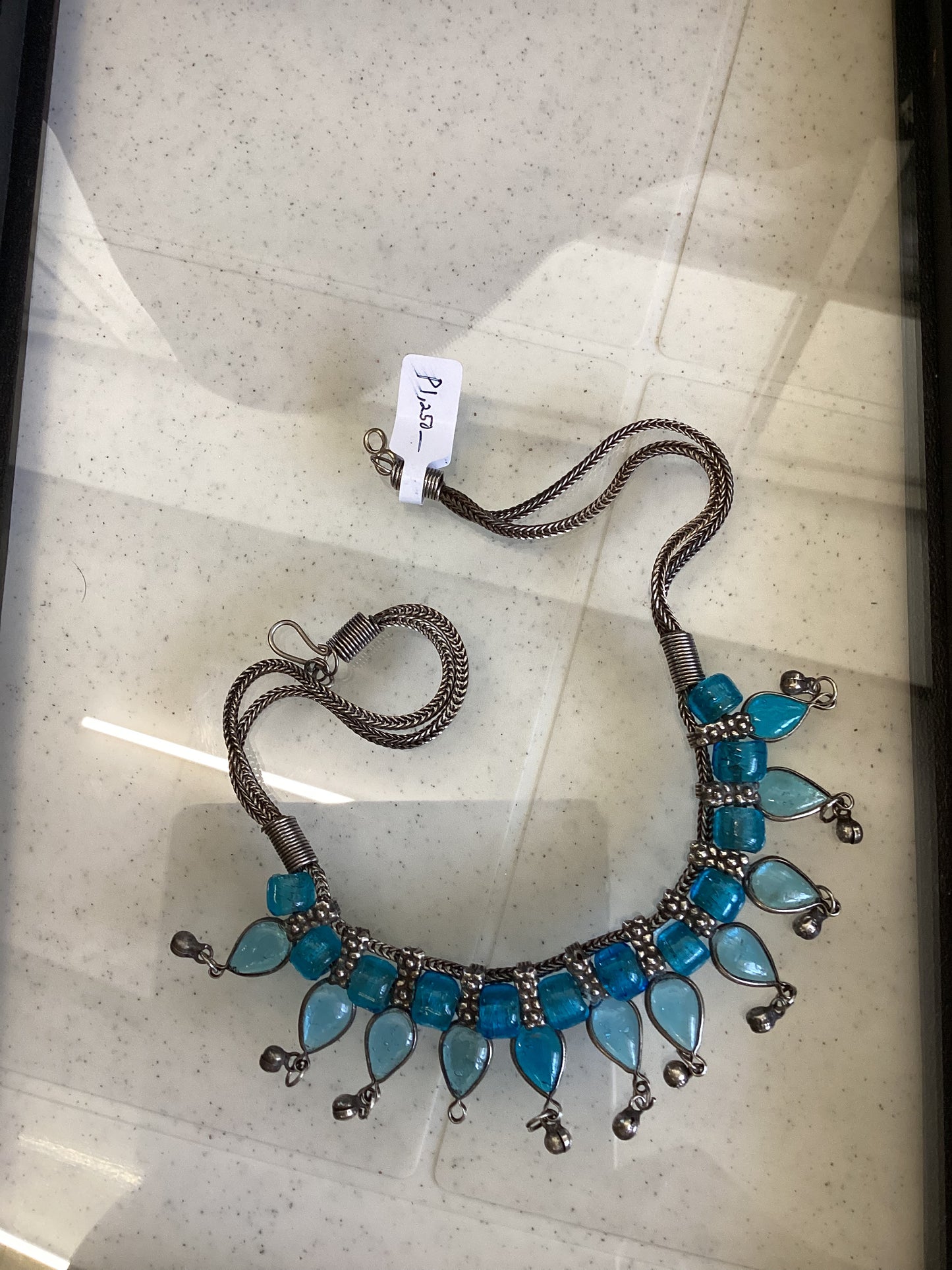 Silver Necklace Topaz-Colored Glass Blue Beads