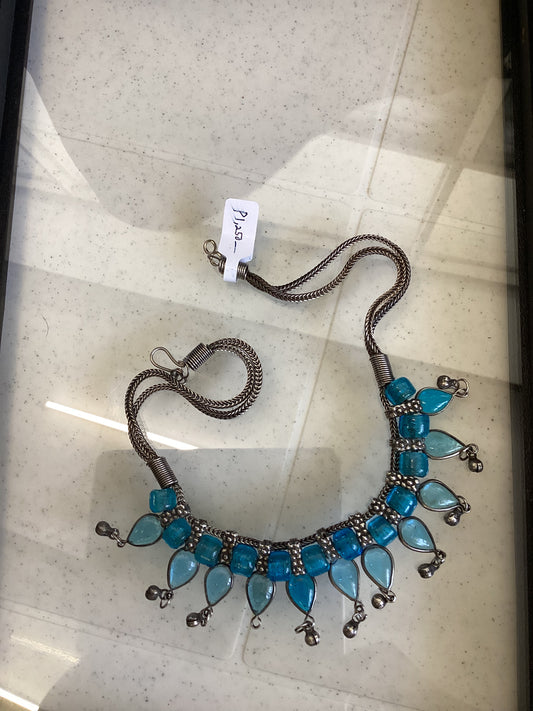 Silver Necklace Topaz-Colored Glass Blue Beads